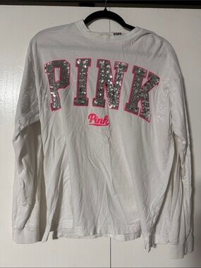 PINK Victoria's Secret Sequin Logo Long-Sleeve Tee - White with Pink Accents